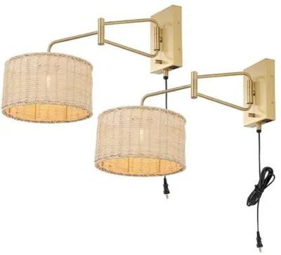 Set of 2 Ernest 21" Rattan Plug-In Wall Sconces - Gold