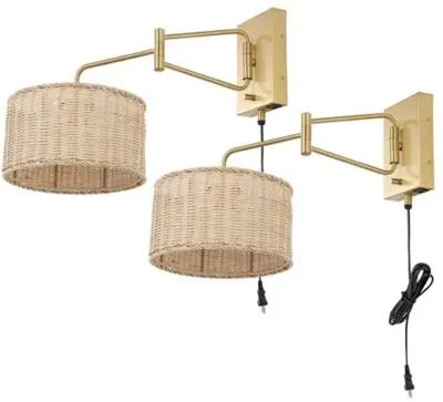 Set of 2 Ernest 21" Rattan Plug-In Wall Sconces - Gold