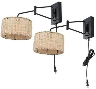 Set of 2 Ernest 21" Rattan Plug-In Wall Sconces - Black