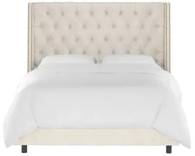 Sophia Wingback Bed with Nailheads - Linen - Handcrafted - Beige, Mattress, Box Spring Required