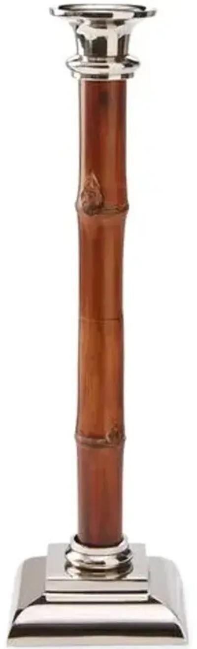 14" Bamboo Candlestick - Brown/Silver