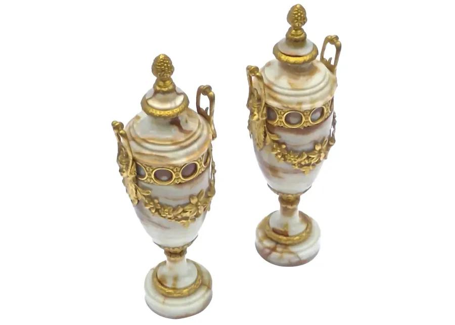 Antique Marble & Gilt Outdoor Urns - Set of 2 - Vermilion Designs - Beige