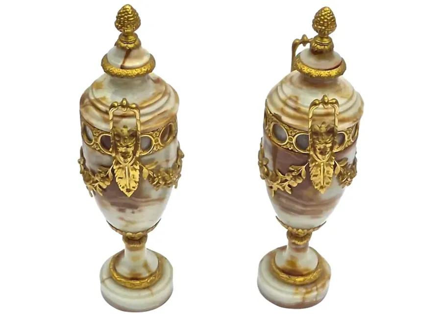 Antique Marble & Gilt Outdoor Urns - Set of 2 - Vermilion Designs - Beige