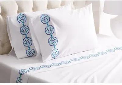 Tropez Sheet Set - Turquoise - Hamburg House - White, 300 Thread Count, Egyptian Cotton Sateen, Soft and Luxurious