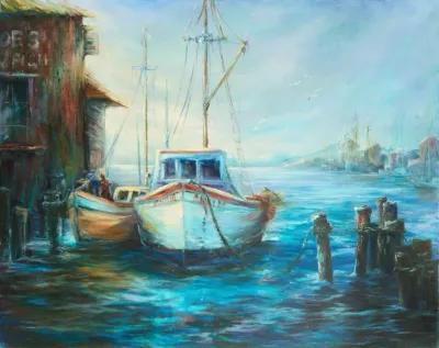 Docked Fishing Boats - McNaught Fine Art - blue