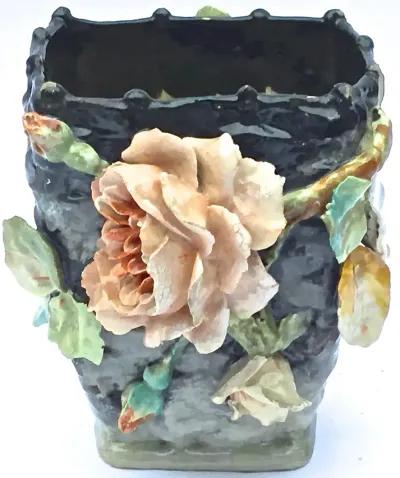 Barbotine Floral Basket Majolica Vase - Vermilion Designs - Green