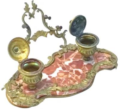 Antique Bronze & Marble Encrier - Vermilion Designs - Brown