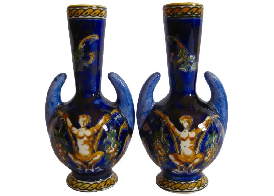 French Faience Gien Vases - Set of 2 - The Emporium Ltd. - Blue