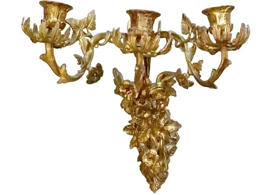 Brass Acanthus Leaf & Floral Sconces - Pr - Vermilion Designs - Gold