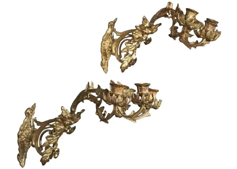 Brass Acanthus Leaf & Floral Sconces - Pr - Vermilion Designs - Gold