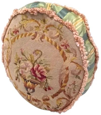 Round Floral Needlepoint & Silk Pillow - Vermilion Designs