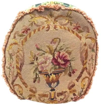 Round Floral Needlepoint & Silk Pillow - Vermilion Designs