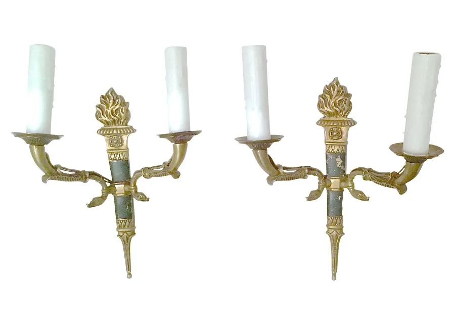 French Empire Torch & Swan Sconces - Set of 2 - Vermilion Designs - gold