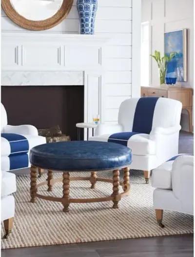 Naples Round Cocktail Ottoman - Denim Blue Leather - Barclay Butera