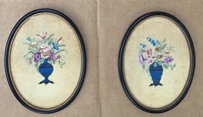 Oval Floral Bouquet Needlepoints - Set of 2 - Vermilion Designs - Ivory