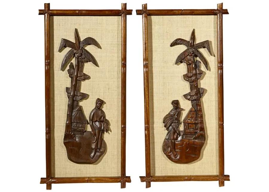 1960s Asian Scene Wood Wall Plaques - Pr - 2-b-Modern - Brown