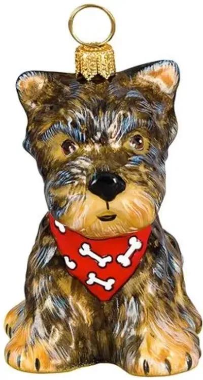 Yorkie Puppy with Bandana Ornament - Brown/Red - Handcrafted