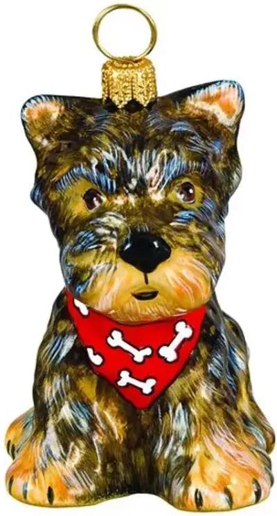 Yorkie Puppy with Bandana Ornament - Brown/Red - Handcrafted