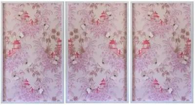 Dawn Wolfe - Pink Pagoda Vintage Wallpaper Triptych - Dawn Wolfe Design - White - Ready To Hang