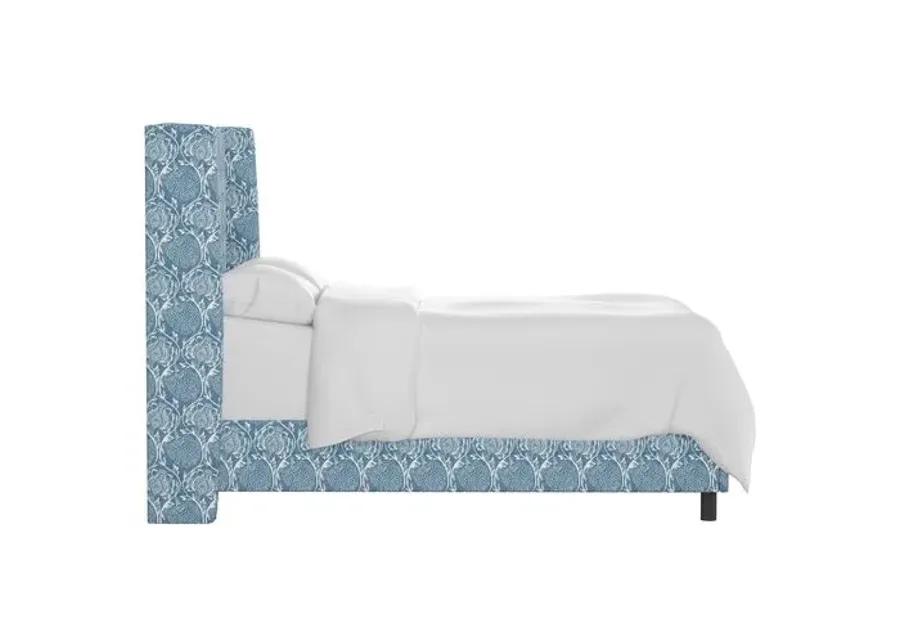 Kelly Wingback Bed - Ranjit Floral - Handcrafted - Blue, Mattress, Box Spring Required