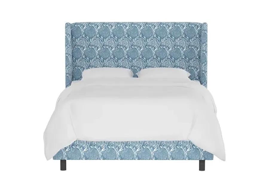 Kelly Wingback Bed - Ranjit Floral - Handcrafted - Blue, Mattress, Box Spring Required