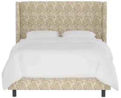 Kelly Wingback Bed - Ranjit Floral - Handcrafted - Beige, Mattress, Box Spring Required