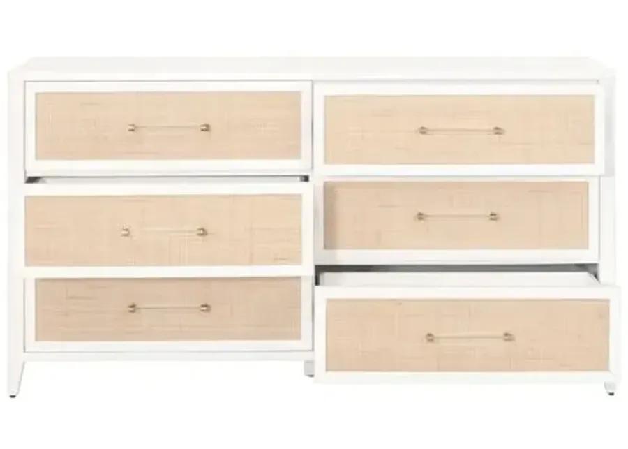 Ellen Rattan 6-Drawer Double Dresser - White/Brass