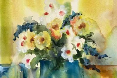 Spring Flowers in a Blue Jug - 1960s - McNaught Fine Art - Yellow