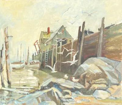 Gulls at the Wharf by Mary Jarrett - 1965 - McNaught Fine Art - Brown