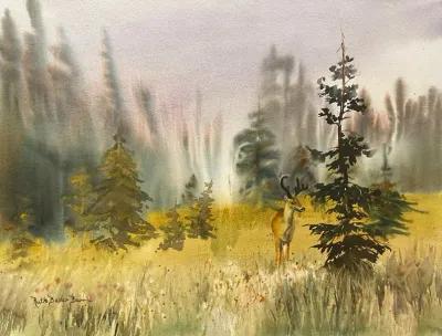 Spring Deer by Ruth Basler Burr - 1975 - McNaught Fine Art - green