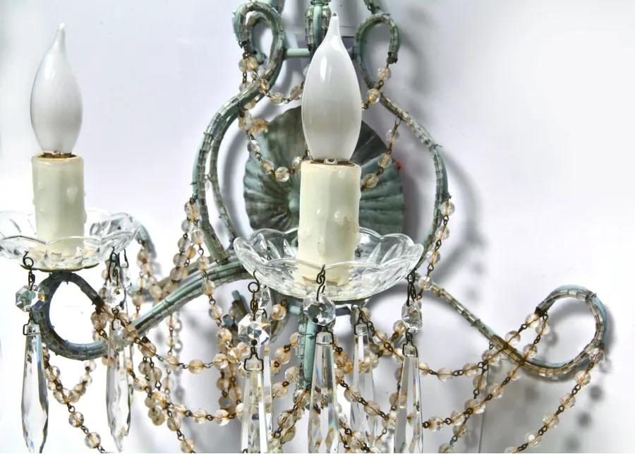 Hand painted Blue Beaded Crystal Sconce - Fleur de Lex Antiques