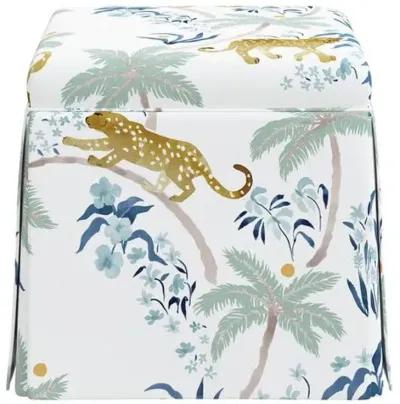 Anne Skirted Ottoman - Palm Leopard - Blue