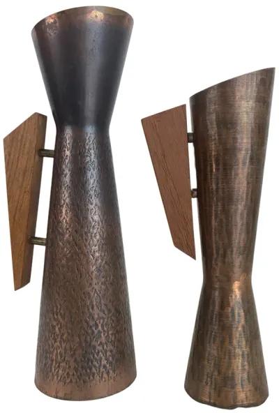 Mid-Century Modern Copper/Teak Vases - Pr - Eat Drink Home - Brown