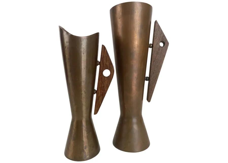 Mid-Century Modern Copper/Teak Vases - Pr - Eat Drink Home - Brown