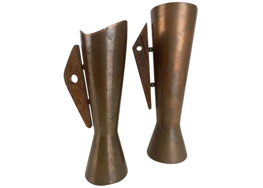 Mid-Century Modern Copper/Teak Vases - Pr - Eat Drink Home - Brown