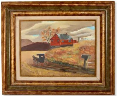 Mid-Century Amish Scene Oil on Canvas - New England Mercantile - Gold