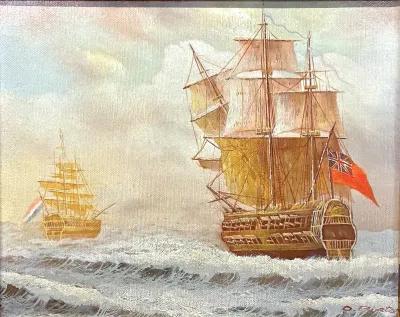 Ant. British & French Ships Oil Painting - Vermilion Designs - Gold