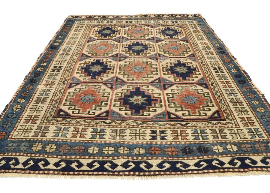 Antique Moghan Kazak Rug - 4'00 x 5'01 - Esmaili Rugs & Antiques - Blue - Blue