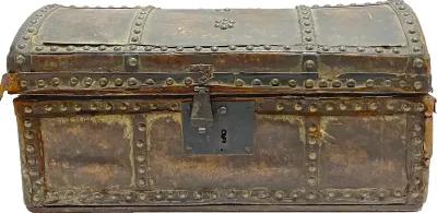 Antique Leather & Bronze Tack Trunk Box - Vermilion Designs - brown