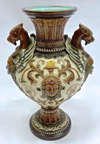 Majolica Classical Style Gryphon Vase - Vermilion Designs - Brown