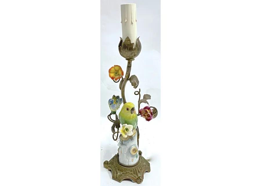 Bronze-Porcelain Parakeet & Floral Lamp - Vermilion Designs