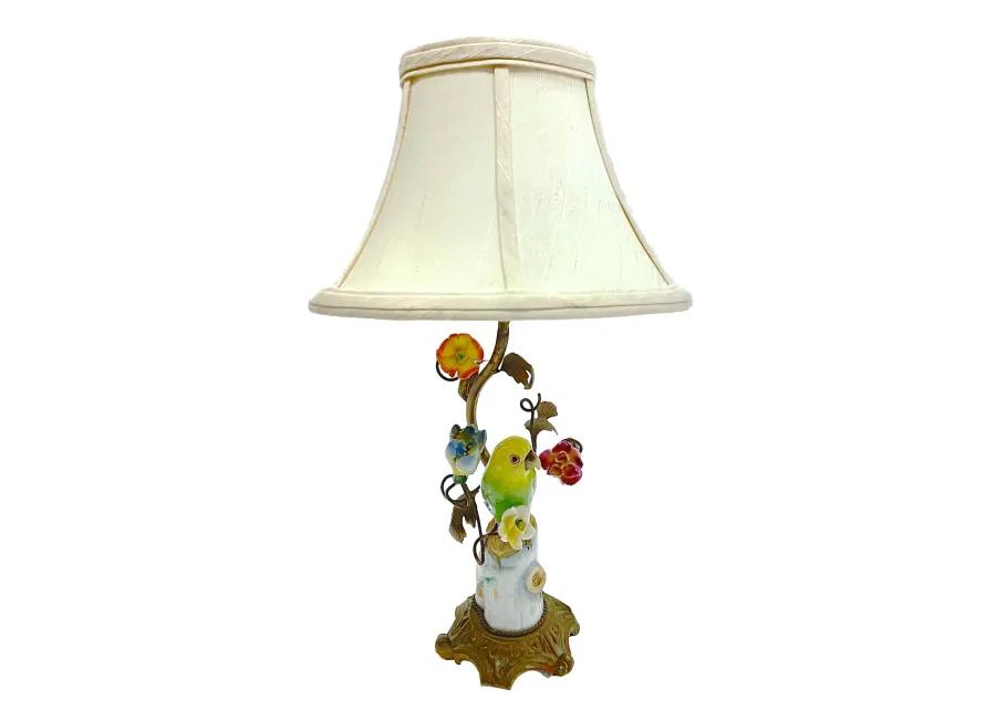 Bronze-Porcelain Parakeet & Floral Lamp - Vermilion Designs