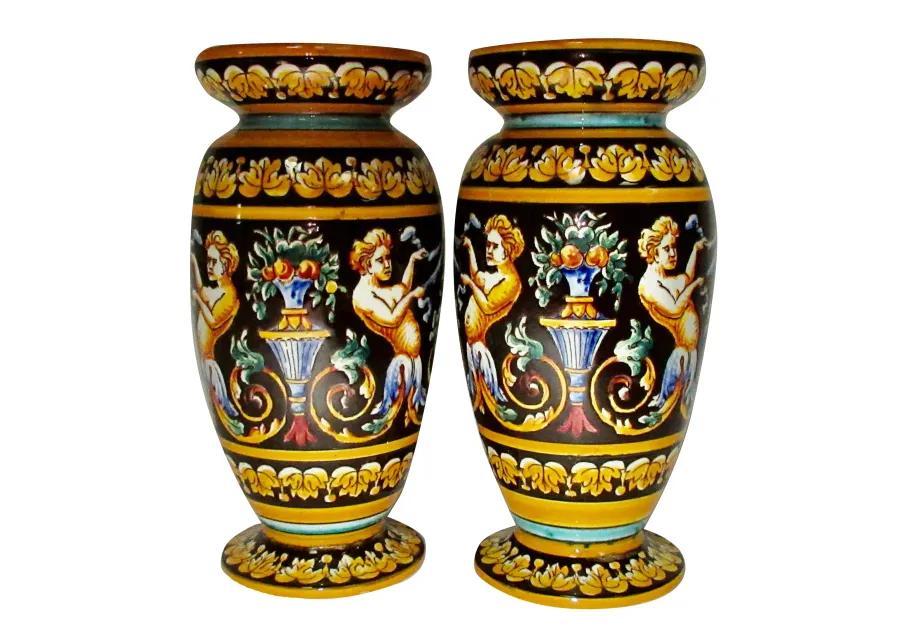 Antique Gien French Faience Vases - Set of 2 - The Emporium Ltd. - Black