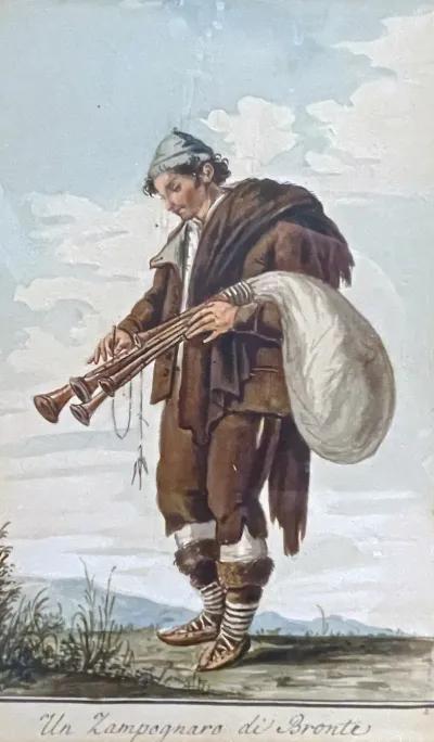 18th C Italian Watercolor Of A Bagpiper - Vermilion Designs - Gold