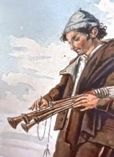 18th C Italian Watercolor Of A Bagpiper - Vermilion Designs - Gold