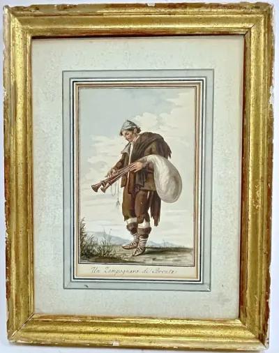 18th C Italian Watercolor Of A Bagpiper - Vermilion Designs - Gold