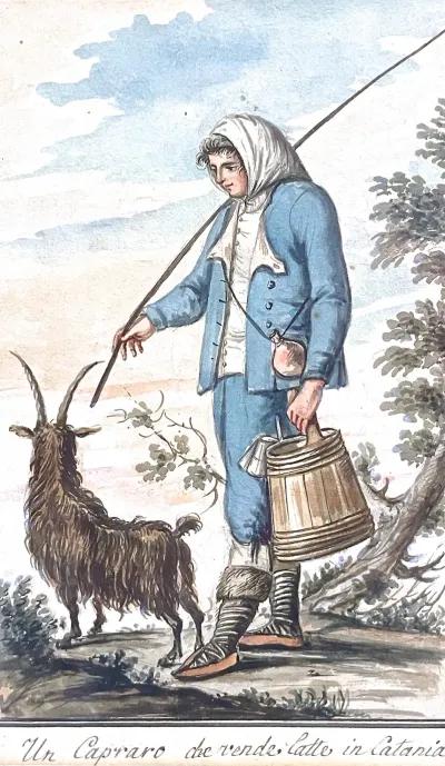 18th C Italian Watercolor Of A Shepherd - Vermilion Designs - Gold