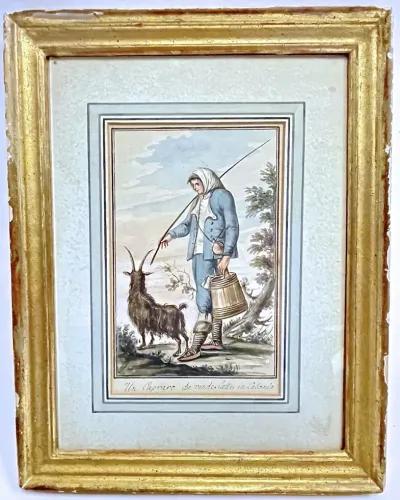 18th C Italian Watercolor Of A Shepherd - Vermilion Designs - Gold