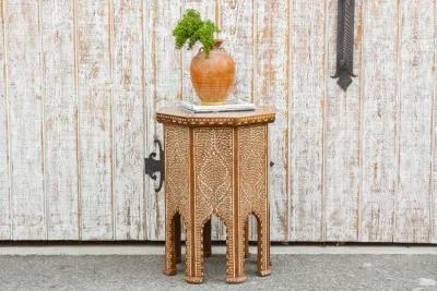 Finely Inlay Lotus Tall End Table - de-cor - Handcrafted - Brown