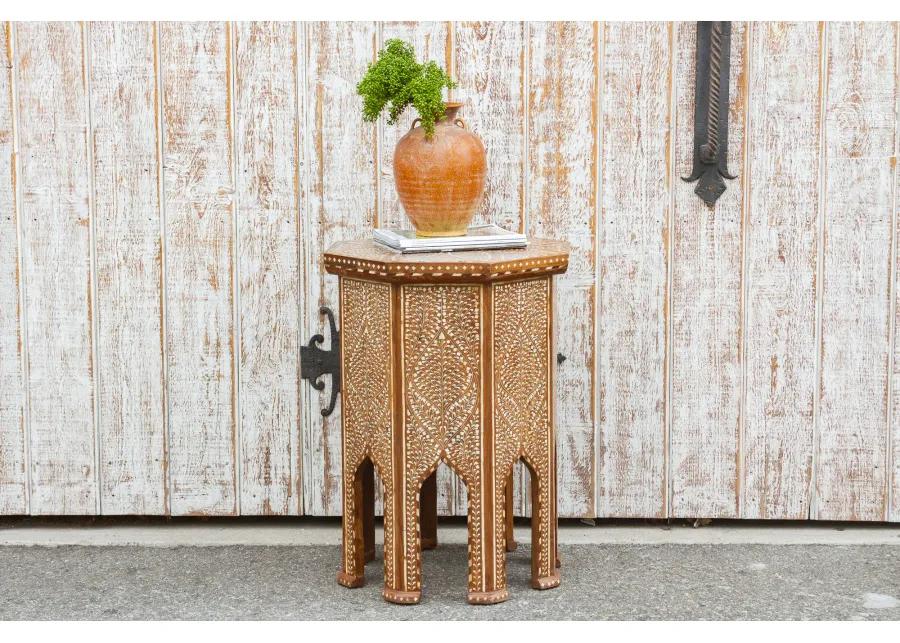 Finely Inlay Lotus Tall End Table - de-cor - Handcrafted - Brown